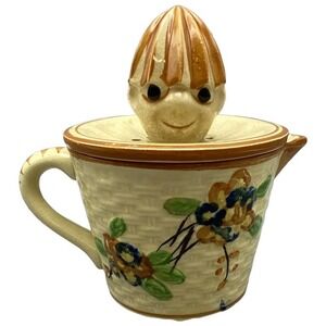 Made in Japan 2pc Figural Reamer Juicer Basket Weave Glazed Pottery Hand Painted